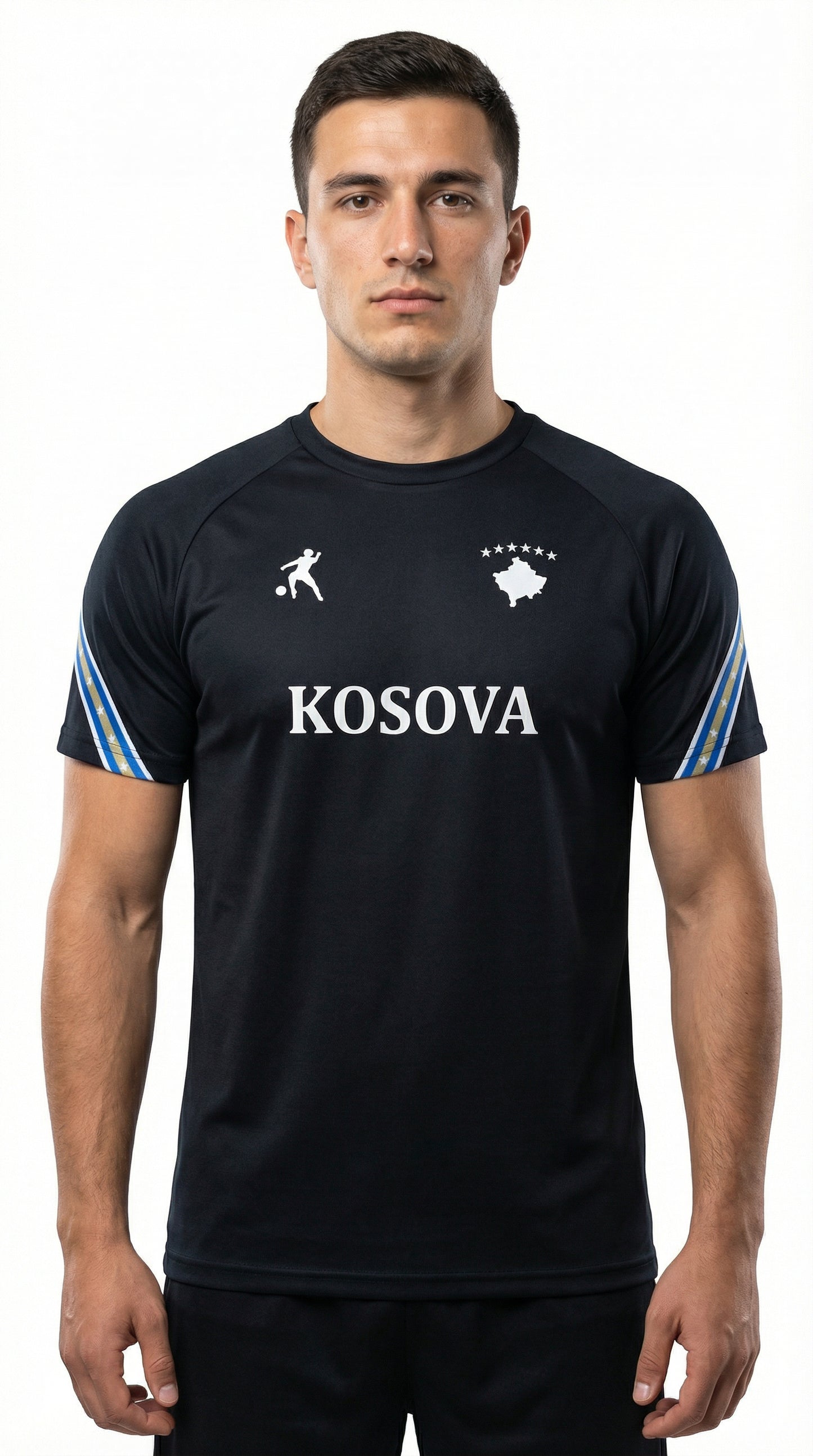 Man wearing a black football jersey with 'Kosova' printed on it against a white background