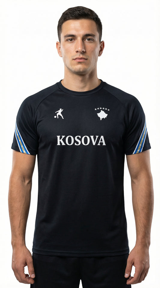Man wearing a black football jersey with 'Kosova' printed on it against a white background